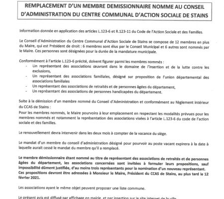 Remplacement d'un membre démissionnaire nommé au Conseil d'Administration du Centre Communal d'Action Sociale de Stains