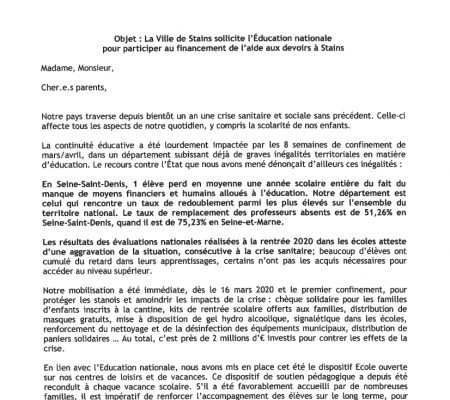 La Ville de Stains Sollicite l'Éducation nationale pour participer au financement de l'aide aux devoirs à Stains