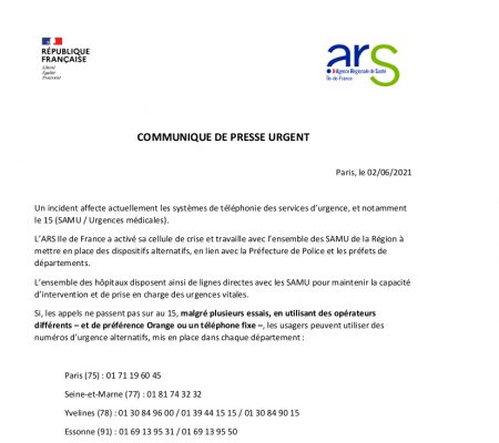 Communiqué de l'ARS - Incident sur les systèmes de téléphonie des services d’urgence - Ville de Stains