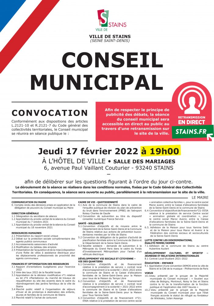 Conseil Municipal du 17 février 2022 - Ville de Stains