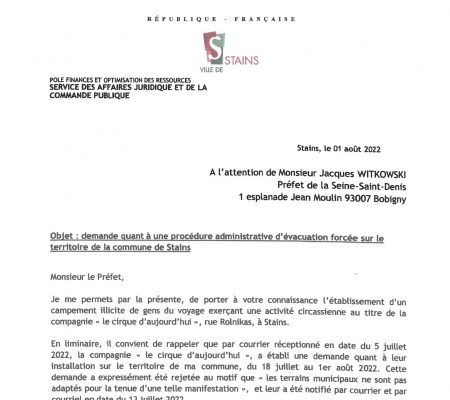 Courrier du Maire Azzédine Taïbi au Préfet - Présence illégale d'un cirque sur la commune de Stains 1