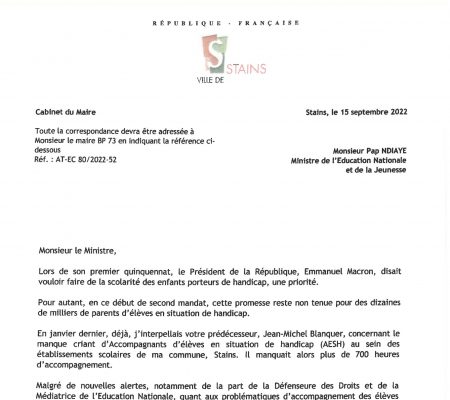 Courrier de Monsieur le Maire Azzédine Taïbi au Ministre de l'Education - Scolarisation des enfants porteurs de handicap - Ville de Stains