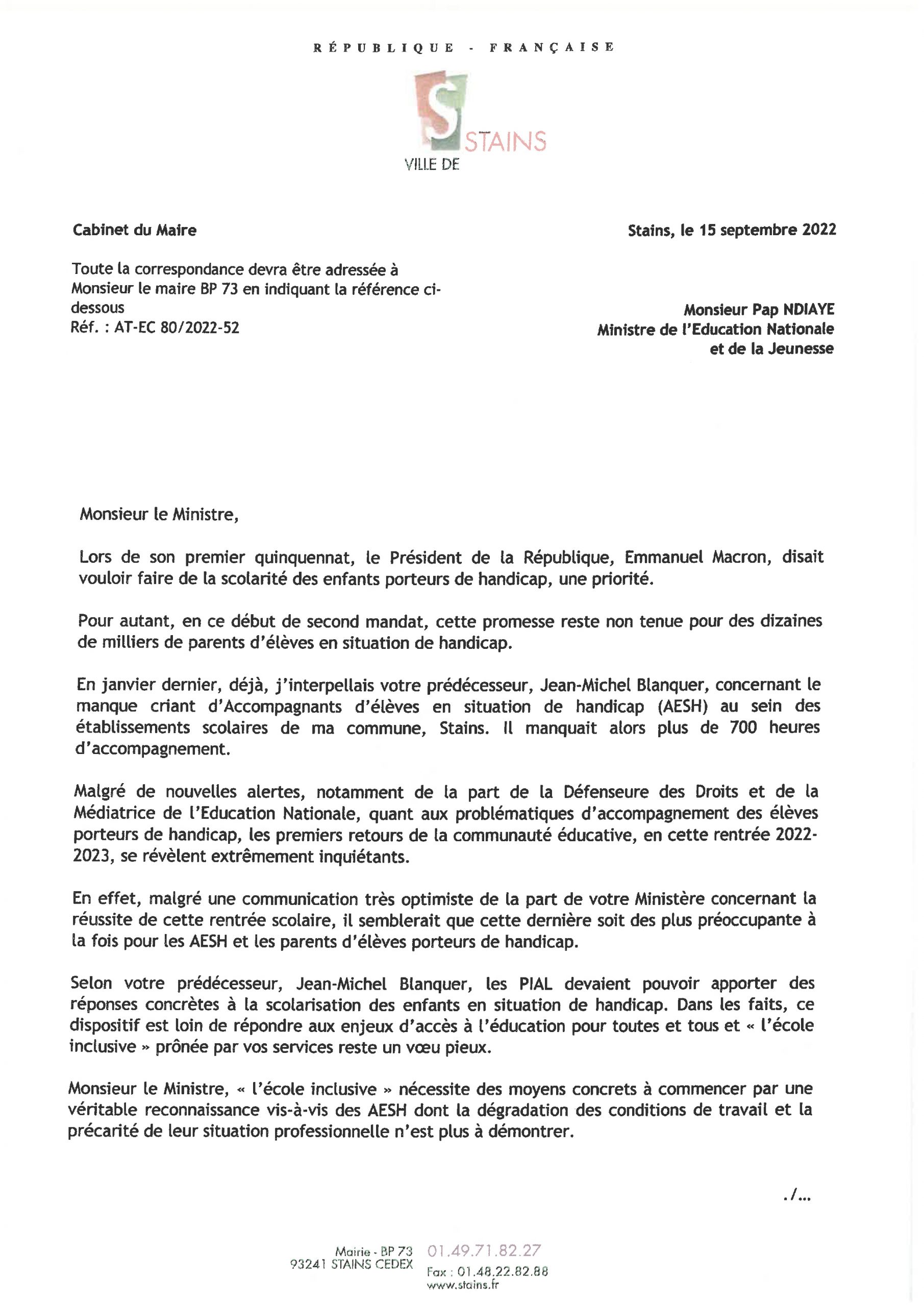 Courrier de Monsieur le Maire Azzédine Taïbi au Ministre de l'Education - Scolarisation des enfants porteurs de handicap - Ville de Stains